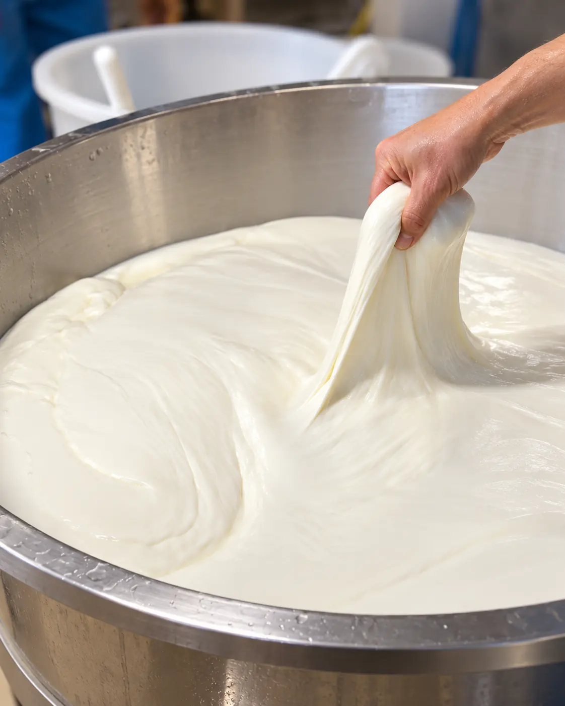 Una mano solleva la pasta filata appena lavorata da un tino d'acciaio